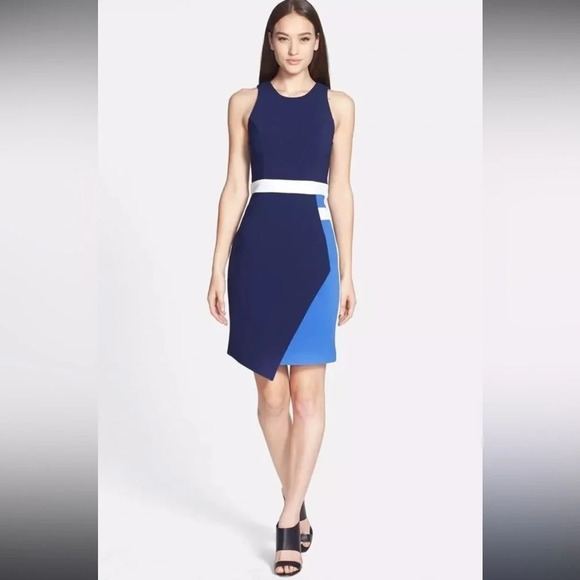 GIN size 0 asymmetrical colorblock bodycon dress navy blue, blue, white like new - Picture 1 of 4
